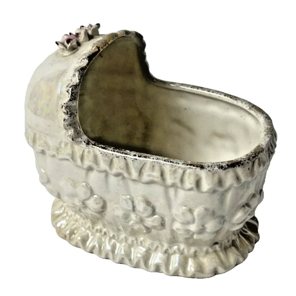 Vintage Lusterware Ceramic Baby Bassinet Planter Vase Iridescent Floral Embossed